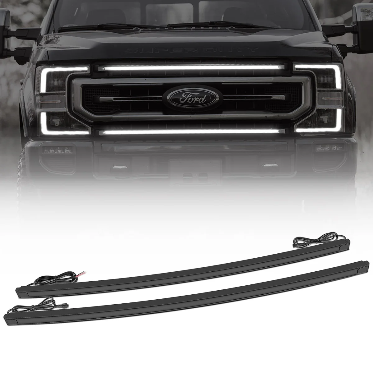 Ford 17-22 Super Duty (F250, F350) 37" Aluminum Grille Mount 2-Piece Kit Ultra Bright White LED DRL Lights - Smoked Lens