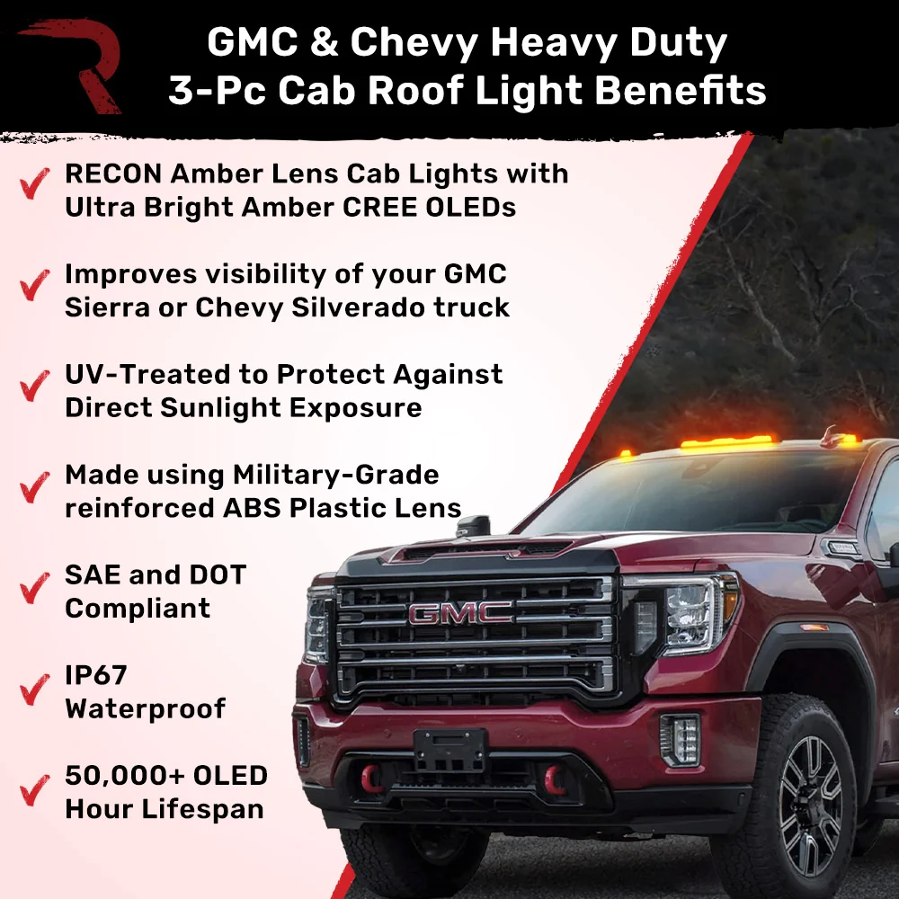 GMC & Chevy 20-24 (4th GEN Body Style) Heavy-Duty (3-Piece Set) Amber Cab Roof Light Lens with Amber LED’s - (Attn: This cab light kit replaces OEM factory installed cab roof lights) - Image 3