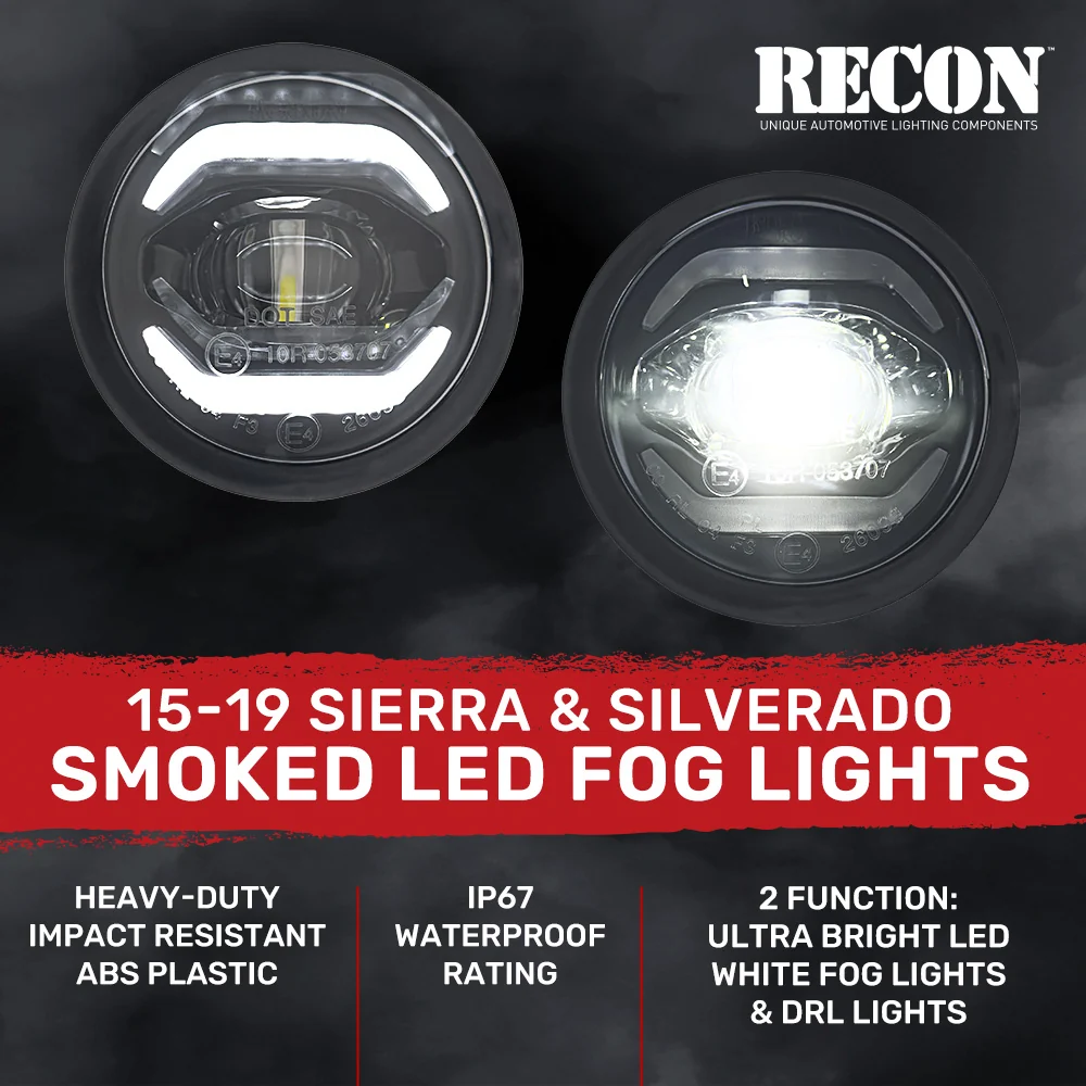GMC Sierra & Chevy Silverado 15-19 Ultra Bright 2-Function White LED Driving Fog Lights (Fog Lights, DRL) - Smoked Lens - Image 4