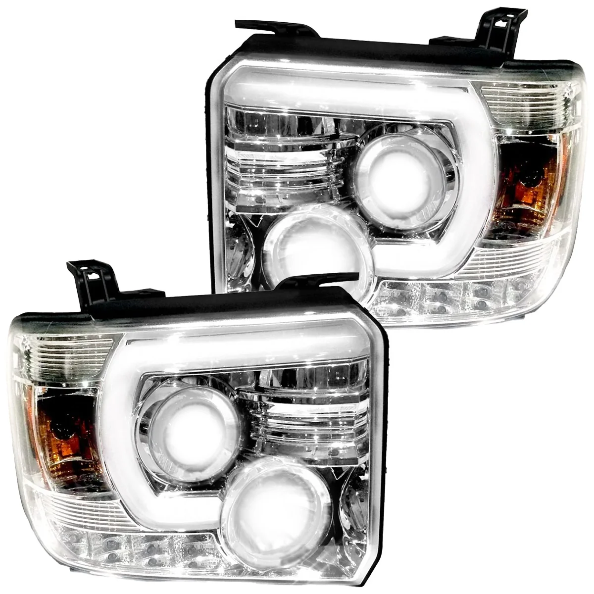 GMC Sierra & Denali 3500 15-19 Dually Projector Headlights w Smooth OLED DRLs & Halos in Clear/Chrome - Image 2