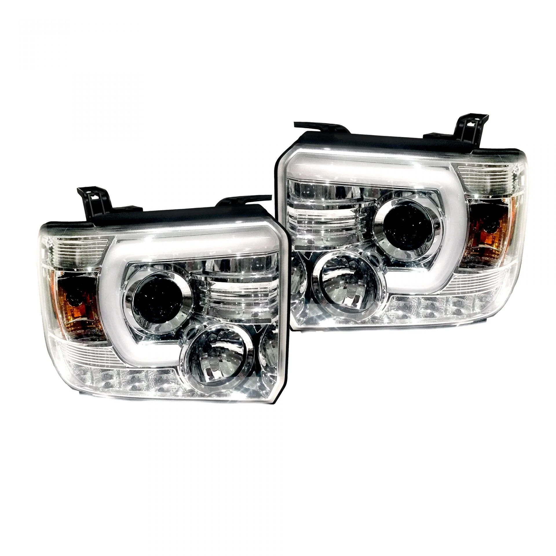 GMC Sierra & Denali 3500 15-19 Dually Projector Headlights w Smooth OLED DRLs & Halos in Clear/Chrome - Image 4