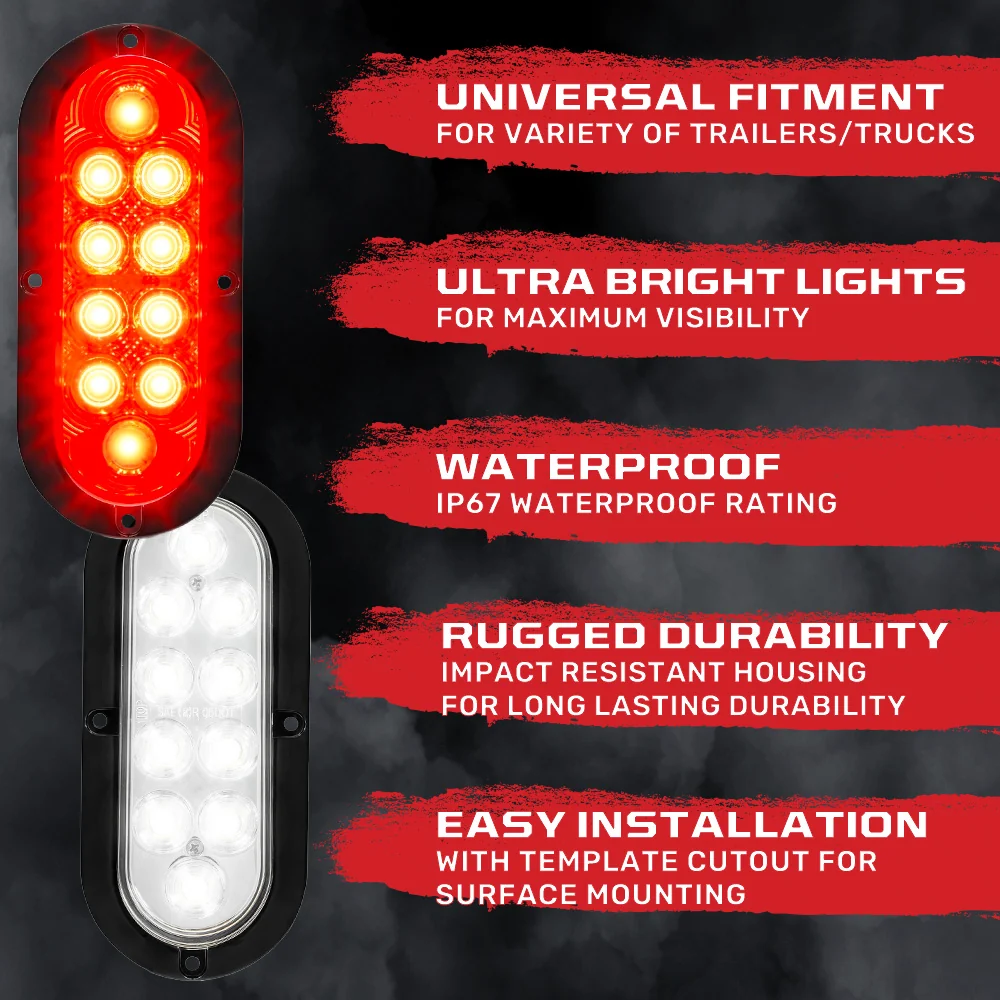 Red & White Oval 6" Universal 4-PC LED Trailer Tail Lights (Red Tail Lights, Brake Lights & Turn Signals, White Backup/Reverse Lights) - Image 8
