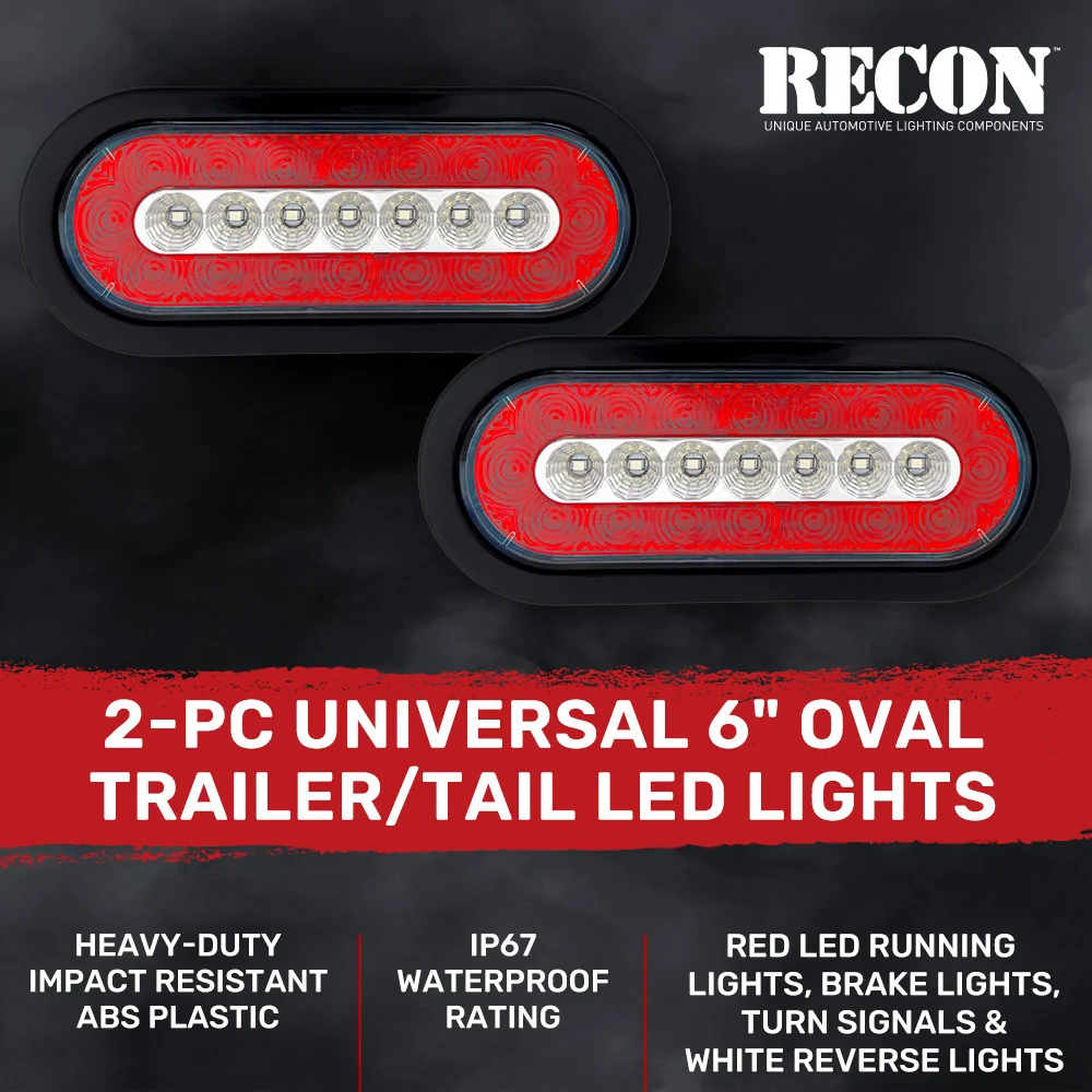 Red & White Oval 6" Universal 2-Pc LED Trailer Tail Lights (Red Running Lights, Brake Lights, Turn Signals & White Reverse/Backup Lights) - Image 6